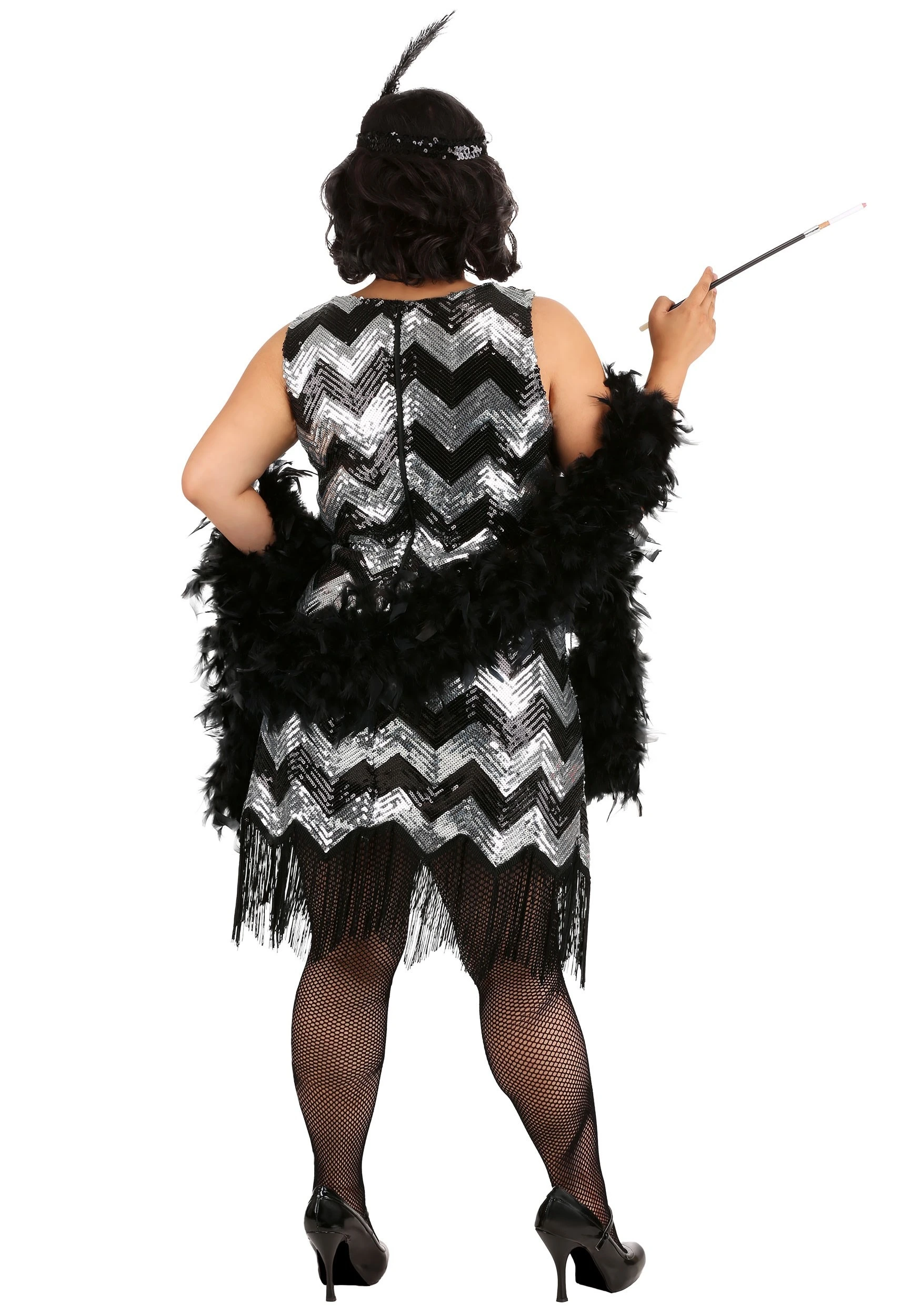 Fun Costumes Plus Size Fringe Silver And Black Flapper Dress - Image 2